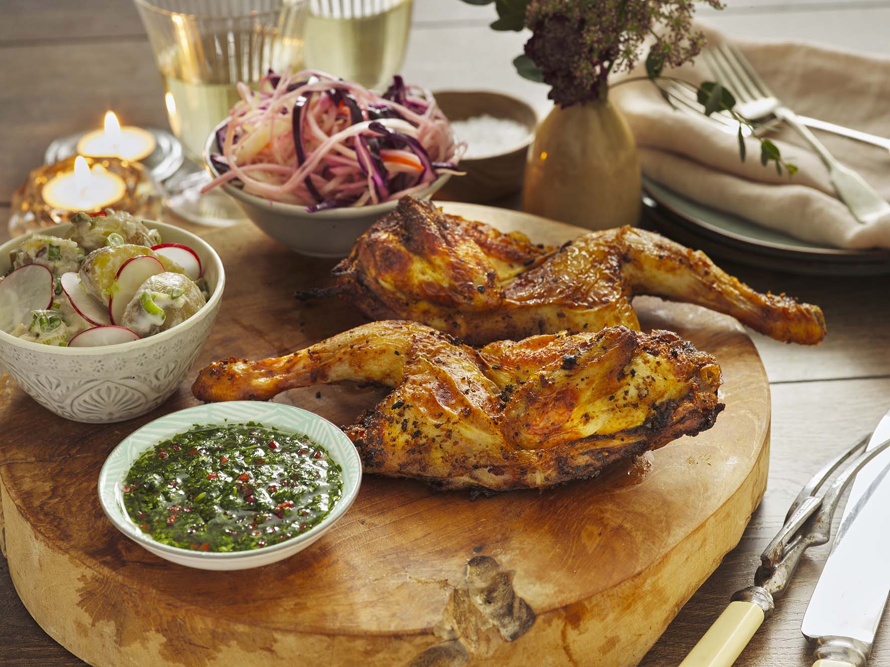 Roast Spatchcock poussin with chimmichurri, potato salad and slaw ...